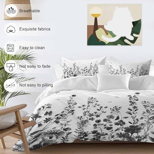 Sabolny Grey Botanical Queen Duvet Cover Set