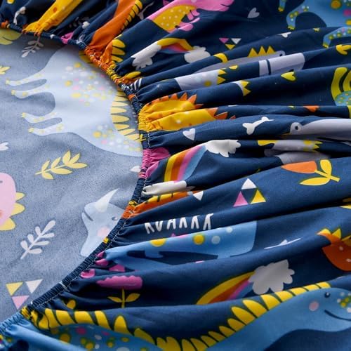 KWLOVER Dinosaur Print Bed Sheet Set Twin Size Navy Blue