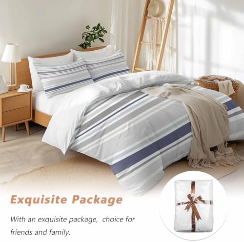 Sabolny Navy Blue Stripes Queen Duvet Cover Set