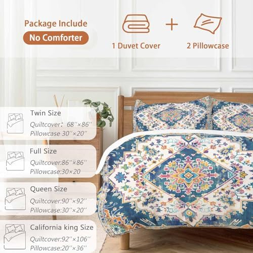 Navy Blue Boho Queen Duvet Cover Set with 2 Throw Pillows
