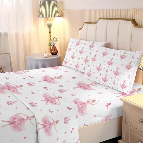 NiuOne 4Pcs Ballet Dancer Girls Sheet Set Twin Size Pink Bedding
