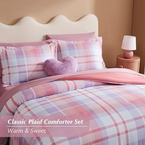 Violet Pink Plaid Comforter Set for Girls 7 Piece