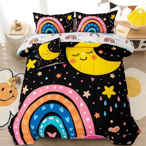Btargot 5-Piece Black Rainbow Comforter Set for Kids