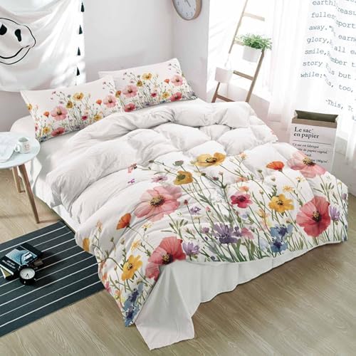 3 Piece Farm Floral Bedding Set - Pink Yellow Duvet Cover Pillow Shams