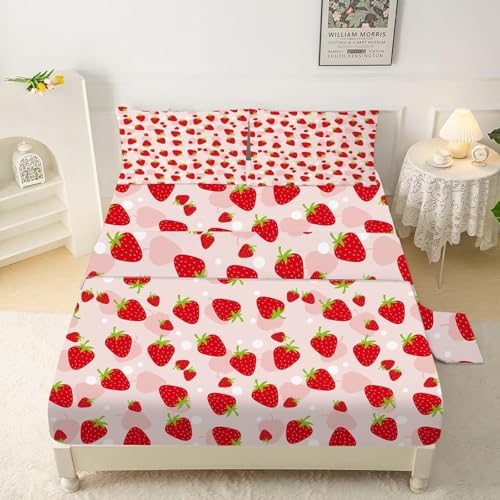 FUYEUN Pink Strawberry Sheet Set for Kids and Teens