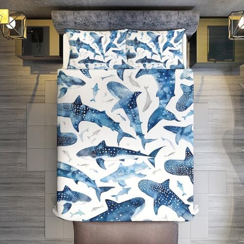 Ultra Soft Blue Shark Duvet Cover Set 3-Piece FullQueen