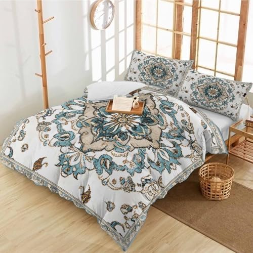 3 Piece Bohemian Bedding Set with Blue Flowers