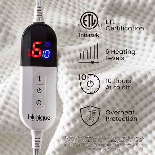 Blunique Electric Heated Mattress Pad Twin Size White