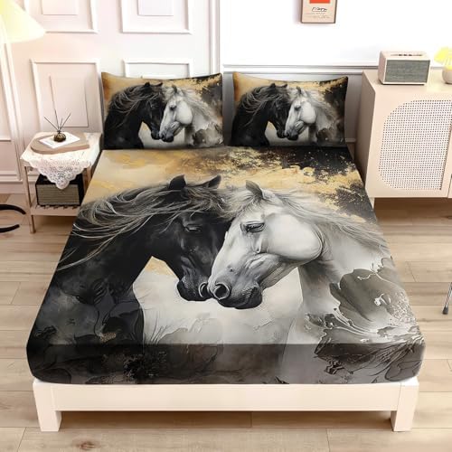 UEVBF Black White Horses Fitted Sheet Set