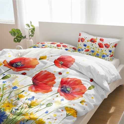 Alandar Home 3 Piece Bedding Set - Floral Poppy Duvet Cover Pillow Shams