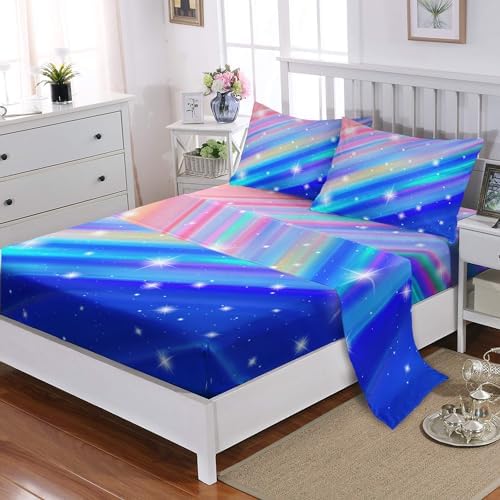 Nttopship Blue Rainbow Glitter Kids Bed Sheet Set