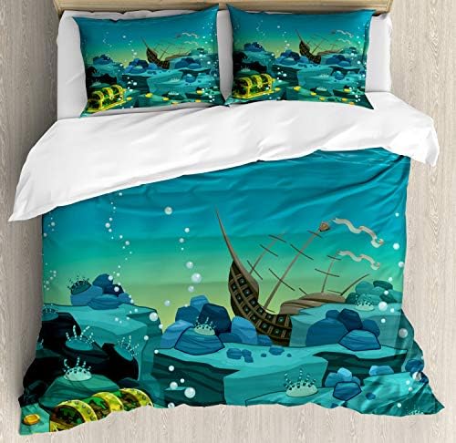 Ambesonne Cartoon Duvet Cover Set - Seascape Pirate Ship California King Yellow Teal