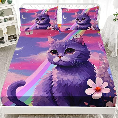 HOSIMA Cat Fitted Sheet with Rainbow Flowers and Pillowcases - Purple