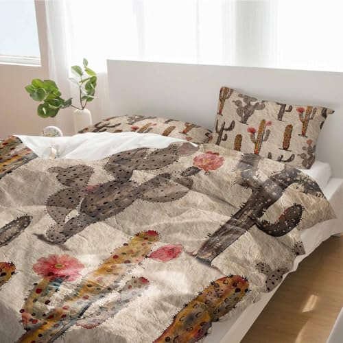 Brown Cactus Red Flowers Duvet Cover Set 3 Piece