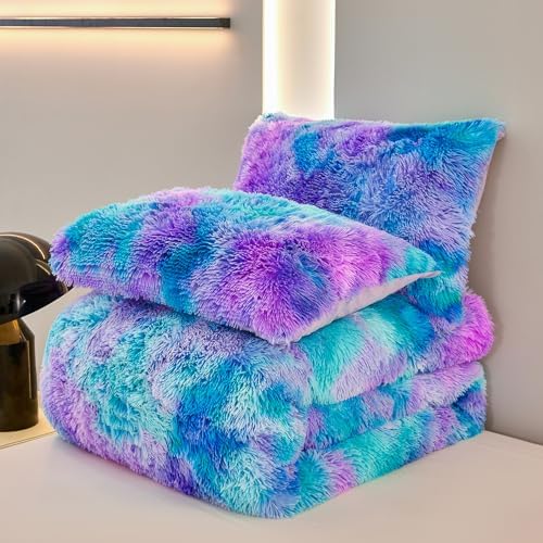 ZRNBAST Shaggy Duvet Cover Set Twin Size Blue Purple Tie Dye
