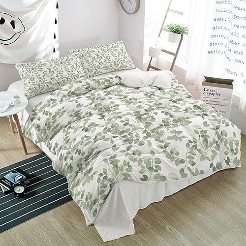 Alandar Home Queen Duvet Cover Set with Green Leaves Pattern