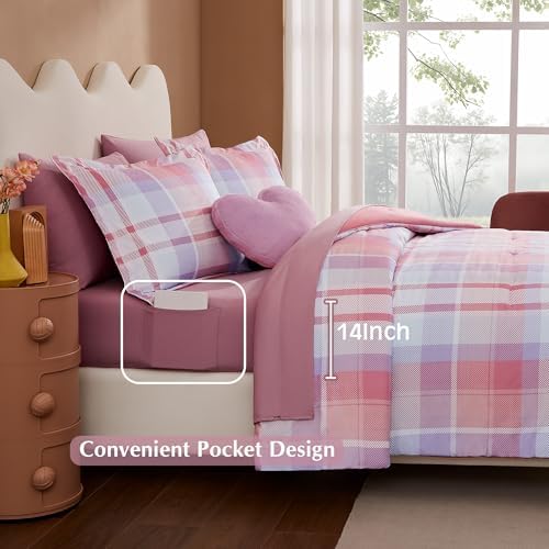Violet Pink Plaid Comforter Set for Girls 7 Piece