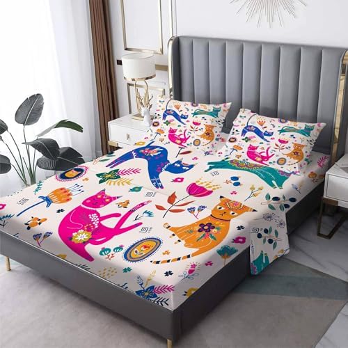EDGZKO Queen Cat Sheet Set 4 Piece Kids Bedding