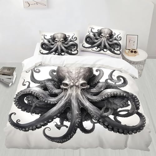 STRELEC Octopus Duvet Cover Set Queen Size Gray White