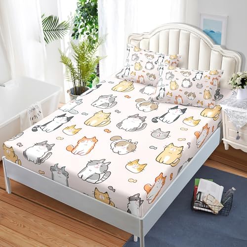 Kids Cat Fitted Sheet Set 3Pcs Cartoon Bedding for Boys Teens Adults