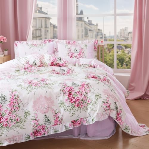 FADFAY Cal King Duvet Cover Set Pink Rose Floral 4 Pieces