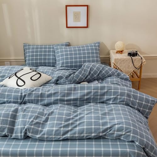 BuLuTu Blue White Plaid Duvet Cover Twin Set