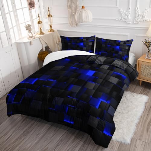 Geometric Blue Black Comforter Set 3 Piece Full Size 1