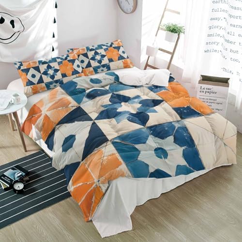 Alandar Home 3 Piece Bedding Set with Abstract Orange Blue Geometric Pattern