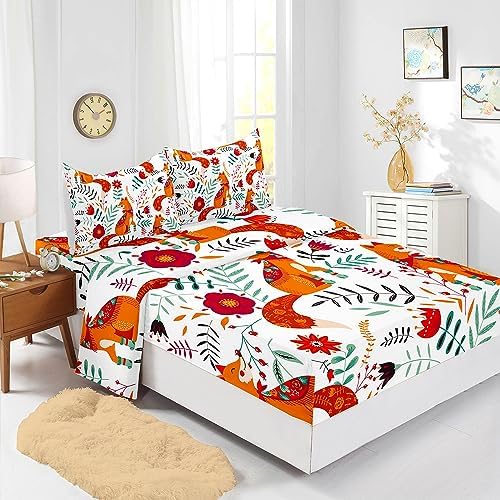 Cute Fox Pattern Twin Fitted Sheet Set 4Pcs