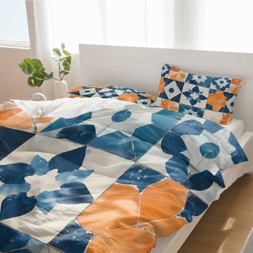 Alandar Home 3 Piece Bedding Set with Abstract Orange Blue Geometric Pattern