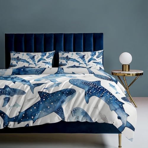 Ultra Soft Blue Shark Duvet Cover Set 3-Piece FullQueen
