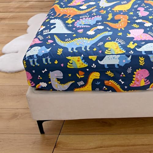 NATURETY Kids Fitted Sheet Deep Pocket Navy Blue Dinosaur Twin XL