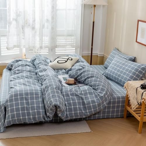 BuLuTu Blue White Plaid Duvet Cover Twin Set