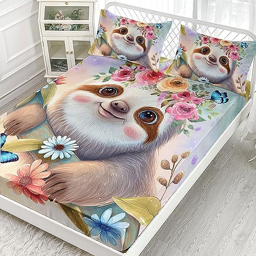 AILONEN Cartoon Sloth Fitted Sheet Set Twin Size
