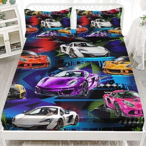 AILONEN Racing Car Fitted Sheet Set for Kids