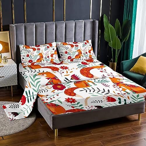 Cute Fox Pattern Twin Fitted Sheet Set 4Pcs