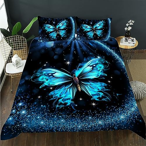 AILONEN Butterfly Duvet Cover Set King Size Sparkly Blue
