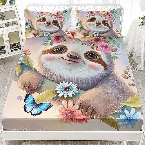 AILONEN Cartoon Sloth Fitted Sheet Set Twin Size