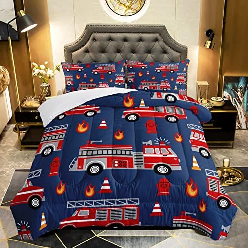QOOMO Fire Truck Kids Comforter Set 3Pcs Full Size