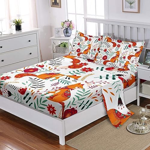 Cute Fox Pattern Twin Fitted Sheet Set 4Pcs