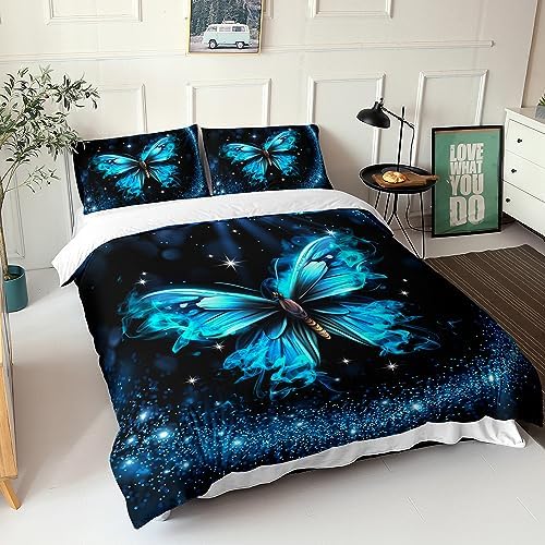 AILONEN Butterfly Duvet Cover Set King Size Sparkly Blue