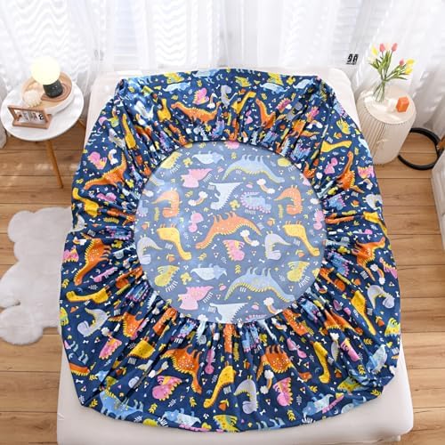 NATURETY Kids Fitted Sheet Deep Pocket Navy Blue Dinosaur Twin XL